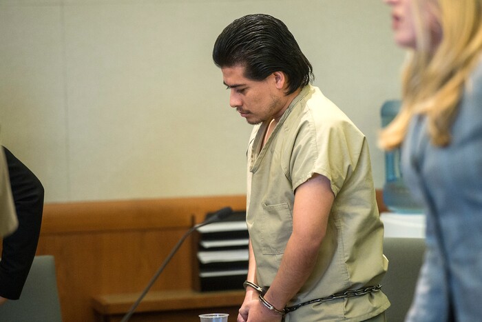 (Chris Detrick  |  The Salt Lake Tribune)   Mario Cervantes-Angel during his sentencing at the West Jordan Courthouse Tuesday, September 19, 2017. Mario Cervantes-Angel, 29, pleaded guilty Tuesday to two counts of first-degree felony aggravated murder for the July 6, 2016 shooting deaths of 15-year-old Abril Izazaga and her brother, 16-year-old Jose Izazaga, outside of a Salt Lake County apartment complex.