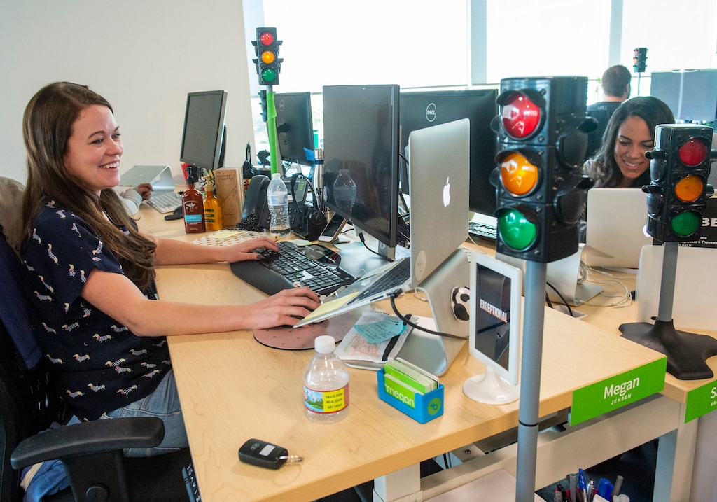 (Rick Egan  |  The Salt Lake Tribune) BambooHR employee Megan Jensen works in the main office building in Lindon. BambooHR has ranked high in the Top Workplaces survey for six years running.