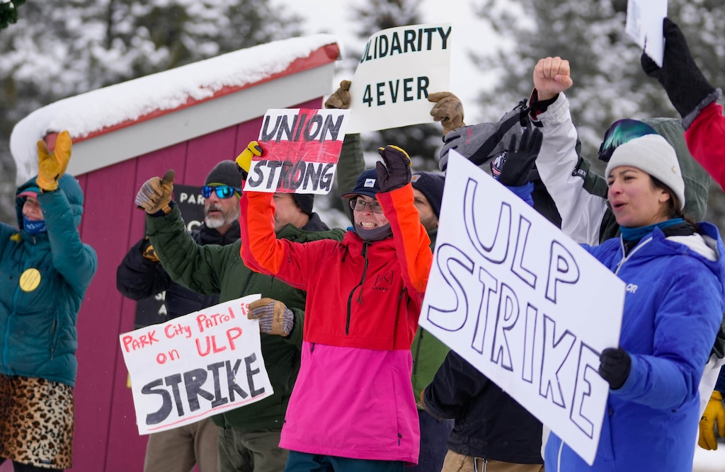 (Francisco Kjolseth | The Salt Lake Tribune) Park City ski patrollers officially go on strike early Friday, citing unfair labor practices and marking the latest chapter in the union’s negotiations with Park City Mountain and its owner, Vail Resorts on Friday, Dec. 27, 2024.