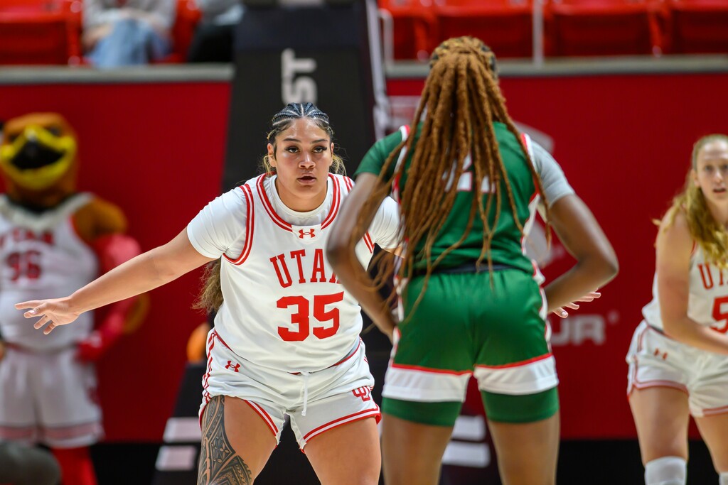 (Tyler Tate | AP) Utah forward Alissa Pili (35) defends during an NCAA basketball game on Monday, Nov. 6, 2023 in Salt Lake City.