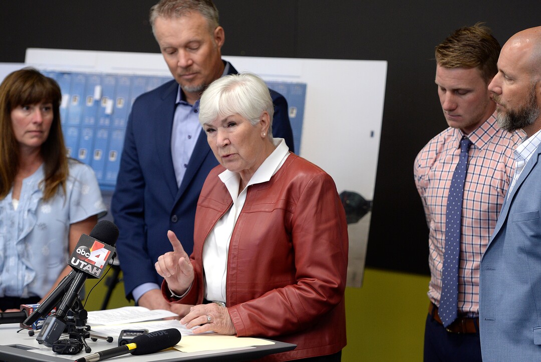 (Scott Sommerdorf   |  The Salt Lake Tribune)   Gail Miller with her family behind her, announced a challenge grant of up to 10 million dollars to fund future homeless programs and services at the VOA, Utah Homeless Youth Resource Center, Thursday, August 17, 2017. 