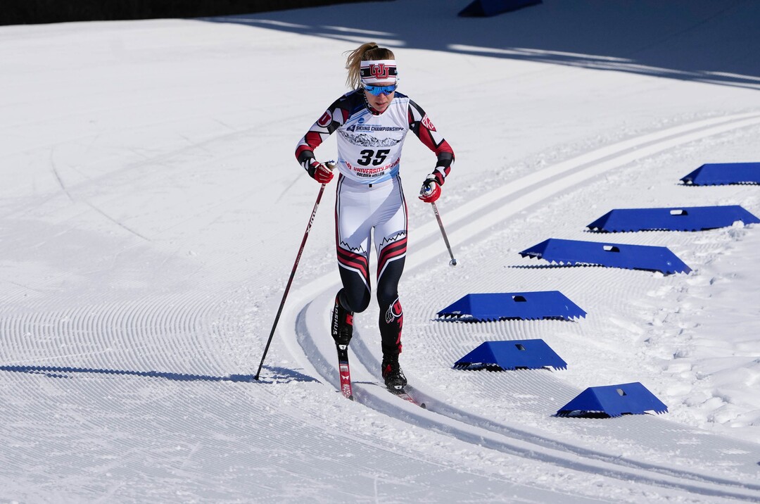 (Francisco Kjolseth | The Salt Lake Tribune) Sophia Laukli of the University of Utah competes during the women’s 5K classic in the NCAA Skiing Championships held at the Soldier Hollow Nordic Center on Thursday, March 10, 2022 in Midway, Utah. Laukli tied for second place with a time of 13:36.2. 