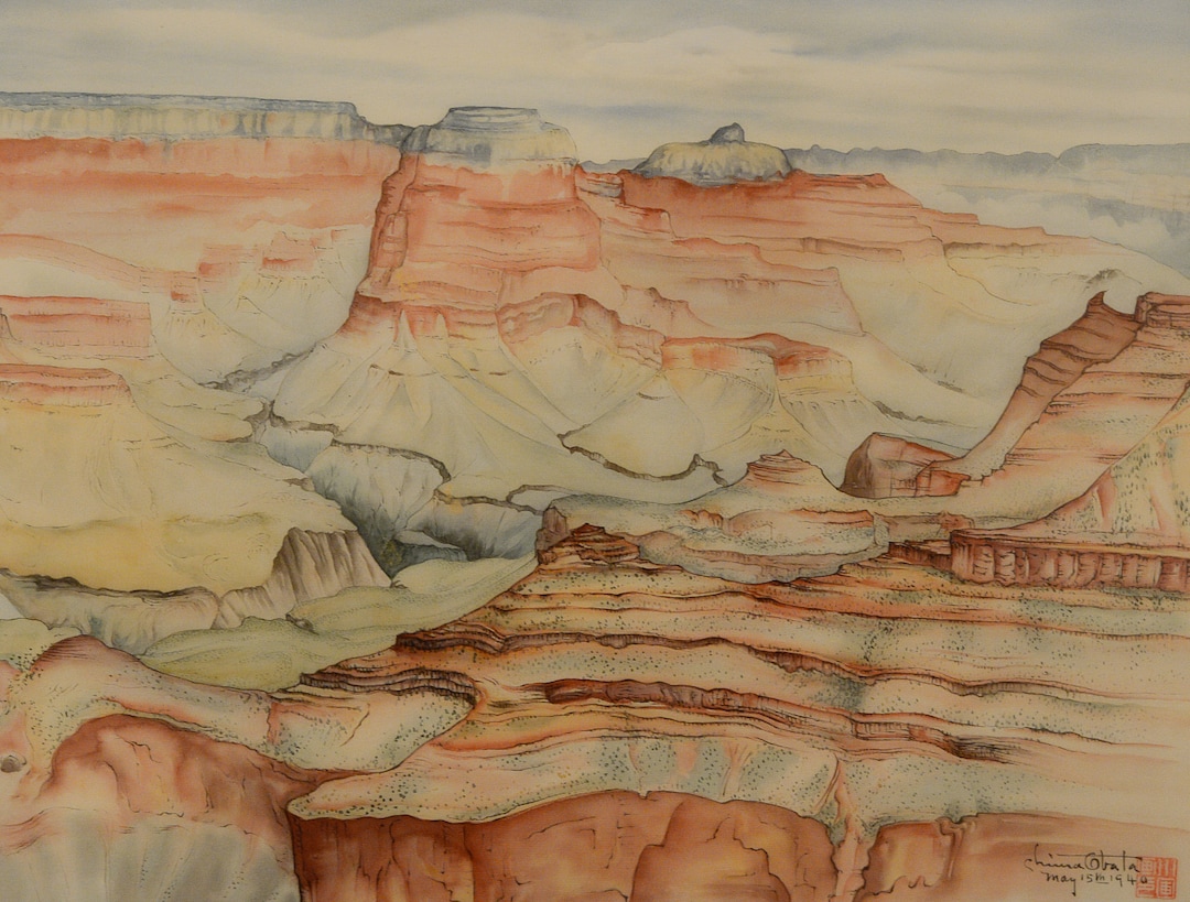 (Francisco Kjolseth  |  The Salt Lake Tribune)   The Utah Museum of Fine Art hosts "Chiura Obata: An American Modern," major touring retrospective of Japanese-American artist (1885-1975), whose work captured Western landscapes and his time at the Topaz War Relocation Center (internment camp) during World War II. Exhibit opens Friday, May 25. Pictured is Grand Canyon, May 15, 1940, Watercolor on silk. 