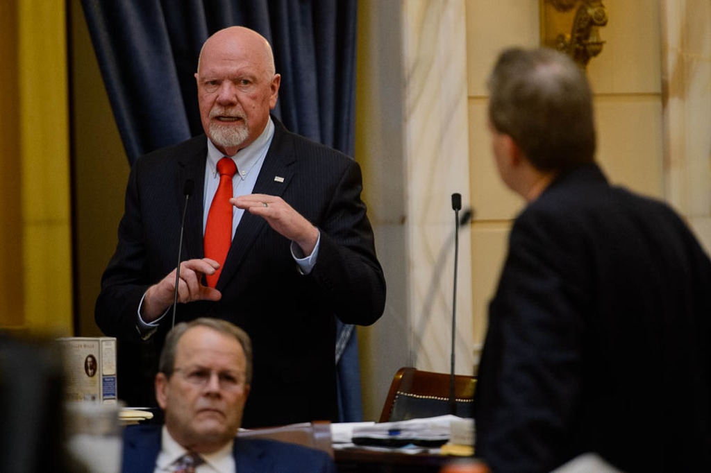 (Trent Nelson | The Salt Lake Tribune)  
Sen. Howard Stephenson, R-Draper, asks a question of Sen. Lincoln Fillmore, R-South Jordan, in the Senate Chamber in Salt Lake City, Thursday March 8, 2018.