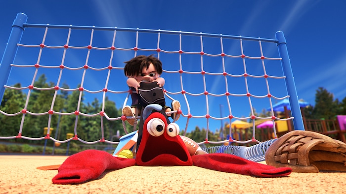 (Courtesy Pixar Animation Studios/Walt Disney Pictures) A collection of lost-and-found objects has a showdown with a playground bully in Pixar's "Lou," one of the five nominated films in the Animated Short Film category at the 90th annual Academy Awards.