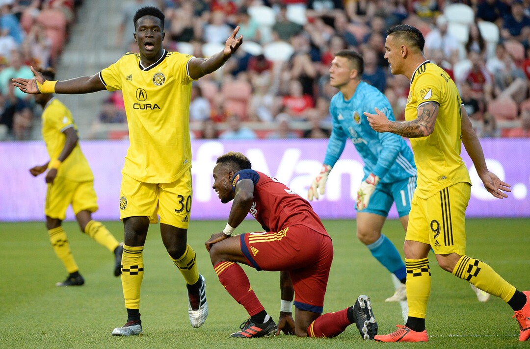 (Francisco Kjolseth  |  The Salt Lake Tribune)  Aboubacar Keita (30) argues a call as Real Salt Lake hosts Columbus Crew SC, in MLS Soccer at Rio Tinto Stadium in Sandy, Utah on Wed, July 3, 2019.