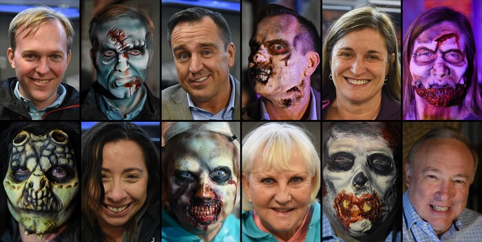 (Francisco Kjolseth  |  The Salt Lake Tribune) Local politicians fall prey to the zombie apocalypse at the Fear Factory on Thursday, Oct. 12, 2017, as they raise awareness for needed donations to the Utah Food Bank. Undergoing the transformation, clockwise from upper left, Salt Lake County Mayor Ben McAdams, Utah House Speaker Greg Hughes, Salt Lake County Councilmember Jenny Wilson, State Senators Jim Dabakis and Karen Mayne, and Utah House member Angela Romero.