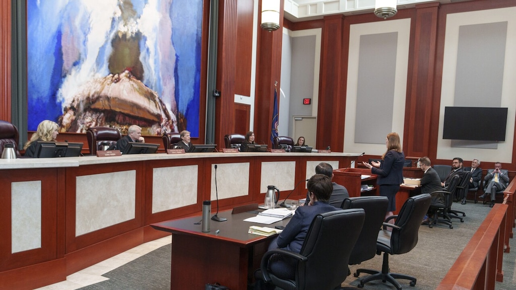 (Leah Hogsten)  Attorney Taylor Meehan presents an argument for the state for a case challenging the state's congressional districts before the Utah Supreme Court in Salt Lake City, Tuesday, July 11, 2023.