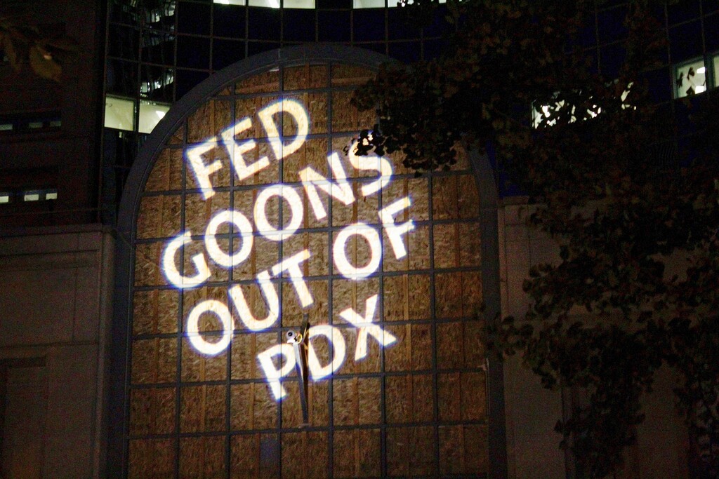 (Gillian Flaccus | AP photo)

Protesters projected these words on the front of the Multnomah County Justice Center, Monday, July 20, 2020 in Portland, Ore.