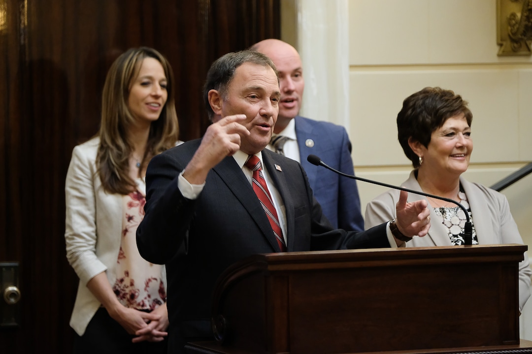 (Francisco Kjolseth  |  The Salt Lake Tribune)  Gov. Gary Herbert gets the Senate to sing happy birthday to his wife Jeanette, at right, during concluding remarks on the last day of the Legislative session at the Utah Capitol on Thursday, March 14, 2019.