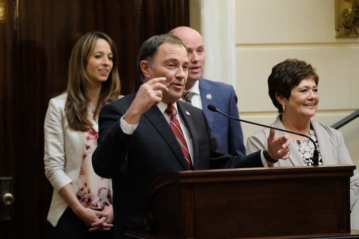 (Francisco Kjolseth | The Salt Lake Tribune) Gov. Gary Herbert gets the Senate to sing happy birthday to his wife Jeanette, at right, during concluding remarks on the last day of the Legislative session at the Utah Capitol on Thursday, March 14, 2019.