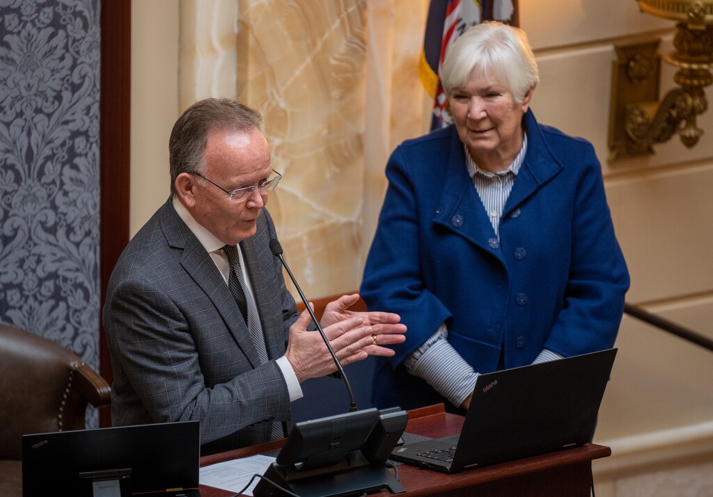 (Rick Egan | The Salt Lake Tribune)  Senate President Stuart Adams, R-Layton, introduces Gail Miller in the Senate Chambers, on Tuesday, Jan. 23, 2024.