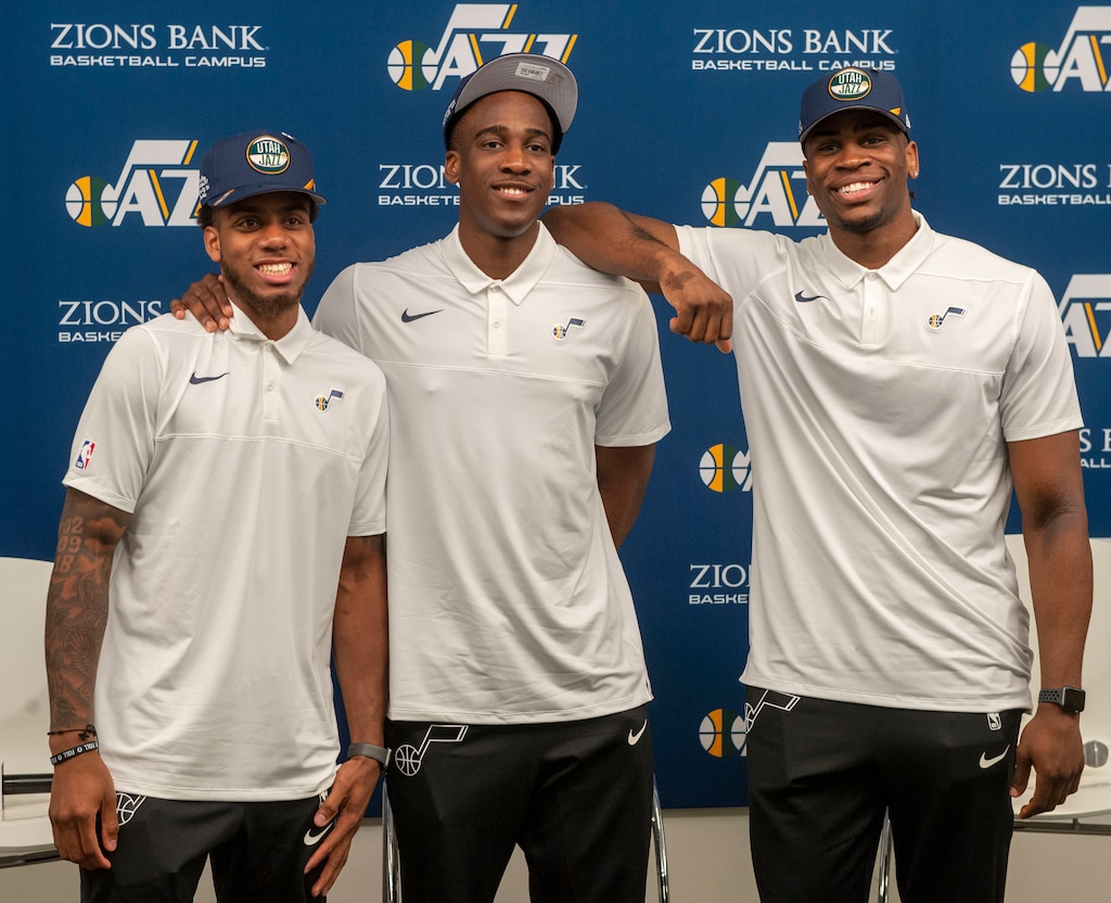(Rick Egan  |  The Salt Lake Tribune)   Jazz draft picks Justin Wright-Foreman (53rd pick), Miye Oni (58th pick), Jarrell Brantley (50th overall pick), are introduced to the media during a news conference at the Zions Bank Basketball Campus, Thursday, June 27, 2019.