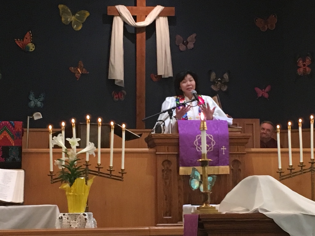 (Photo courtesy of the Rev. Elizabeth McVicker)
The Rev. Elizabeth McVicker, pastor of Salt Lake City's First United Methodist Church, is shown preaching.