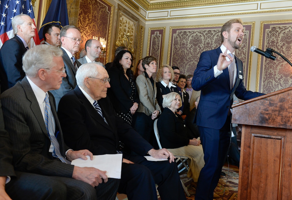 Francisco Kjolseth | The Salt Lake Tribune
Executive Director of Equality Utah Troy Williams expresses his support for the nondiscrimination bill SB256, announced during a press conference at the Utah Capitol on Wednesday, March 4, 2015. Also in attendance were multiple legislators and top Mormon leaders, including apostle D. Todd Christofferson, and L. Tom Perry, second in line for the LDS Church's presidency, from left.