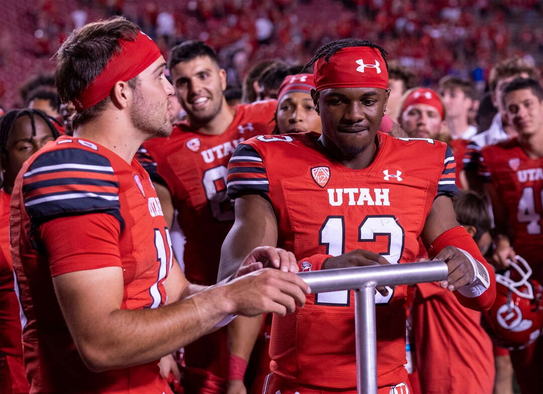 (Rick Egan | The Salt Lake Tribune) Utah Utes quarterback Bryson Barnes (16) and  quarterback Nate Johnson (13), prepare to light the U, after the Utes defeated the Florida Gators. At Rice-Eccles Stadium, on Thursday, Aug. 31, 2023.