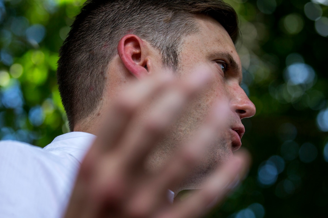 White nationalist Richard Spencer gives remarks after a white nationalist rally was declared an unlawful assembly on Saturday Aug. 12, 2017,  in Charlottesville, Va. The group had gathered to protest plans by the city of Charlottesville to remove a statue of Confederate Gen. Robert E. Lee. (Shaban Athuman /Richmond Times-Dispatch via AP)