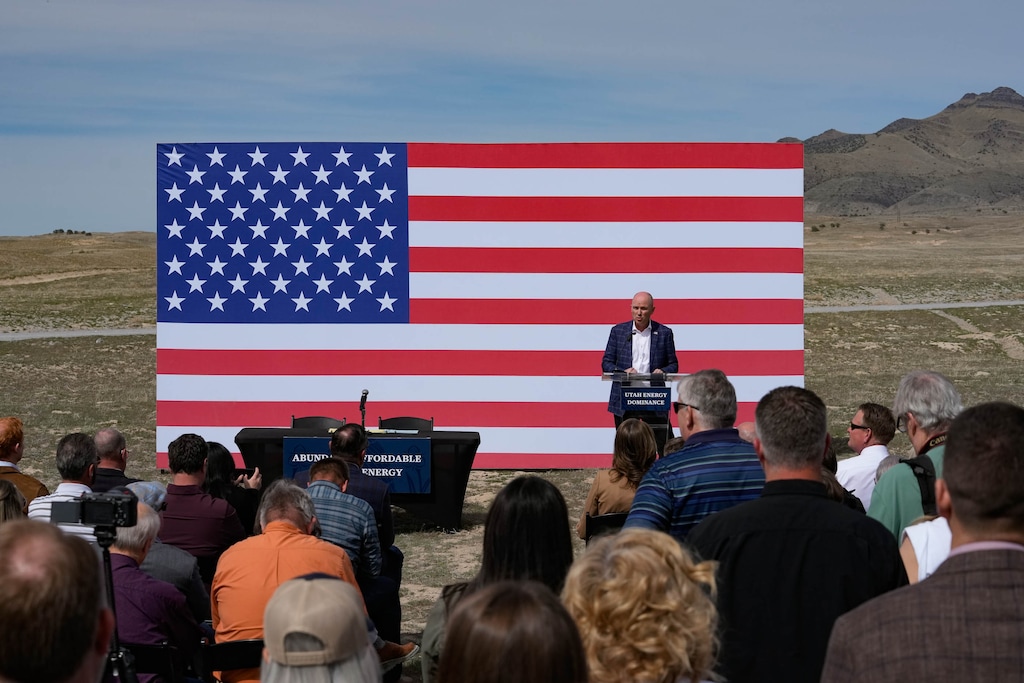 (Francisco Kjolseth | The Salt Lake Tribune) Gov. Spencer Cox and other leaders gathered in north-central Tooele County to announce Utah will seek a federal nuclear campus, on Friday, March 27, 2026.
