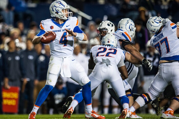 (Chris Detrick  |  The Salt Lake Tribune)  Boise State Broncos quarterback Brett Rypien (4) looks to pass the ball during the game LaVell Edwards Stadium Friday, October 6, 2017. 