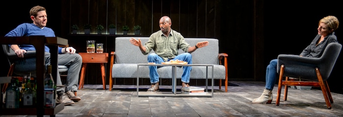 (Steve Griffin  |  The Salt Lake Tribune)  Brian Vaughn, as Brad, Corey Jones as Tate, and Tessa Auberjonois, as Jodie, during the last preview rehearsal of Neil LaBute's "How to Fight Loneliness," making its world premiere at the Utah Shakespeare Festival's Anes Theater on the SUU campus in Cedar City.