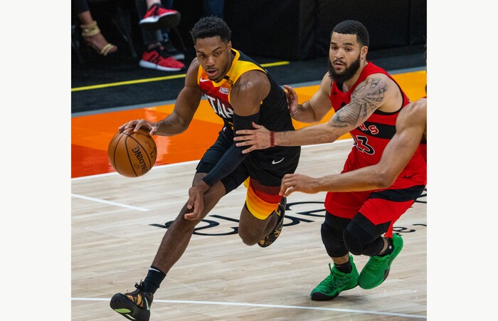 (Rick Egan | The Salt Lake Tribune) Utah Jazz guard Trent Forrest (3) brings the ball down court, as Toronto Raptors guard Fred VanVleet (23) stays with him, in NBA action between the Utah Jazz and the Toronto Raptors at Vivint Arena, on Saturday, May 1, 2021.