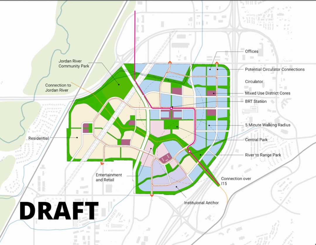 (Skidmore, Owings & Merrill, via The Point of the Mountain State Land Authority) A draft land use map for The Point. The state-backed business, housing and green space development at Point of the Mountain in Draper is planned on 600 acres along Interstate 15 and the Jordan River, at the site of the soon-to-be-relocated Utah State Prison. Planners are drawing public comment through May. Work at The Point could begin sometime in 2022.