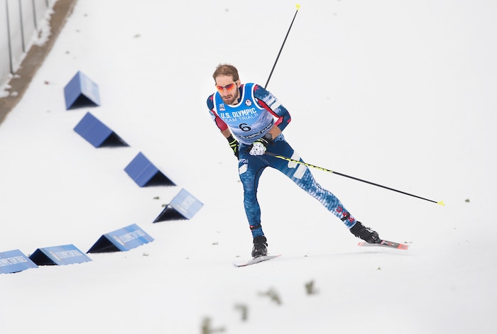 (Scott Sommerdorf   |  The Salt Lake Tribune)   
Taylor Fletcher on his way to finishing fourth as his brother Bryan Fletcher won the Nordic Combined Olympic Trials in Park City, Saturday, December 30, 2017.