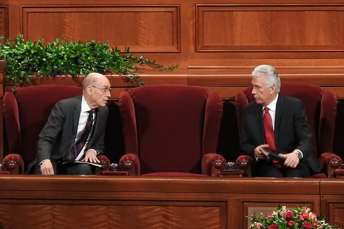 (Trent Nelson | The Salt Lake Tribune)  LDS leaders Henry B. Eyring and Dieter F. Uchtdorf sit next to an empty chair that is usually reserved for President Thomas S. Monson, at the General Women's Session of the 187th Semiannual General Conference of the The Church of Jesus Christ of Latter-day Saints, in Salt Lake City, Saturday September 23, 2017.