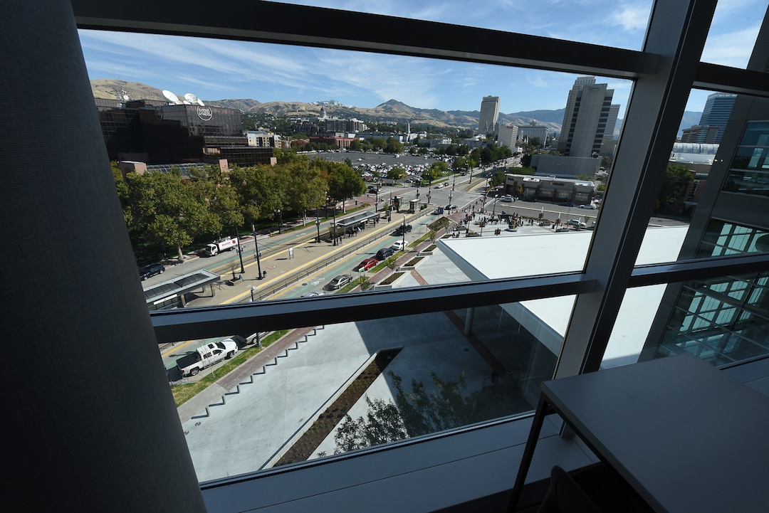 (Francisco Kjolseth  |  The Salt Lake Tribune)  New social corners on the 6th floor offer good views and a chance for any ticket holder to meet as the Jazz unveil renovations for the arena, starting with the J-Note statue and then offering self-guided tours of the venue on Tuesday, Sept. 26, 2017. The arena features new seats, new concourse areas, new anchor restaurants and open spaces for more social experiences at Jazz games and events.