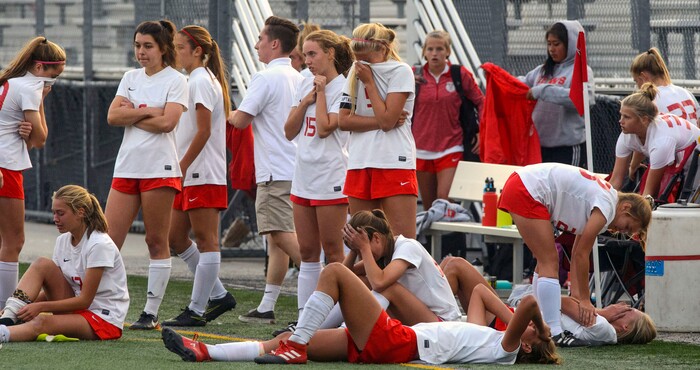 (Steve Griffin | The Salt Lake Tribune) East react to a heartbreaking shootout loss to Maple Mountain in the 5A semifinal girl's soccer match at Juan Diego High School in Draper Tuesday October 17, 2017.