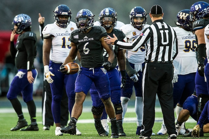 (Chris Detrick  |  The Salt Lake Tribune)  Weber State Wildcats running back Treshawn Garrett (6) celebrates after getting a first down during the game at Stewart Stadium Saturday, November 25, 2017.  