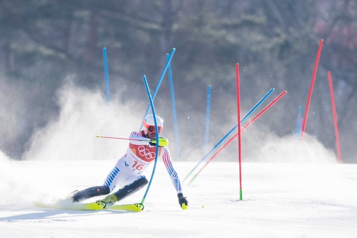 (Chris Detrick  |  The Salt Lake Tribune)  USA's Bryce Bennett competes in the Men's Alpine Combined at Jeongseon Alpine Centre during the Pyeongchang 2018 Winter Olympics Tuesday, February 13, 2018.  Bennett finished in 17th place with a time of 2:09.97.