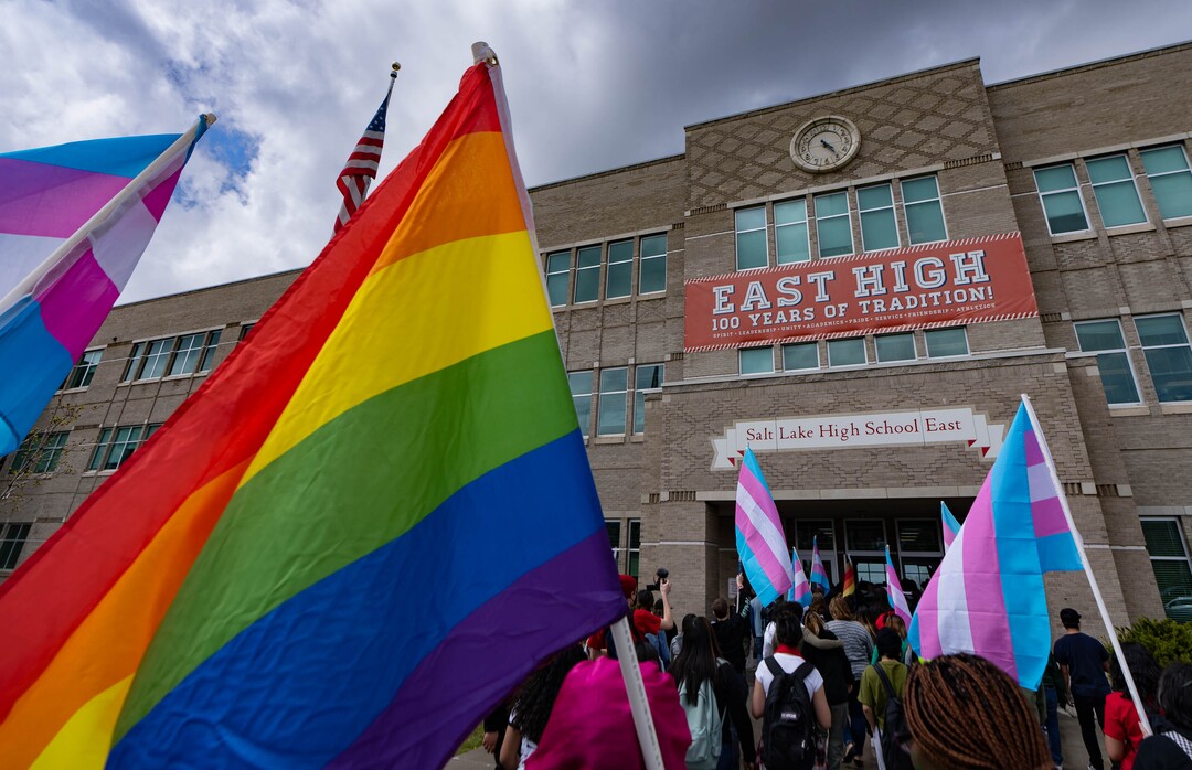 (Francisco Kjolseth | The Salt Lake Tribune) East High school students organize a walkout on Friday, April 15, 2022, to protest HB11, which bans transgender girls from participating in female school sports. In the same spirit of the West High walkout last week, students took a stand to speak out against the bill which they found discriminatory and hurtful to transgender youth in the state.