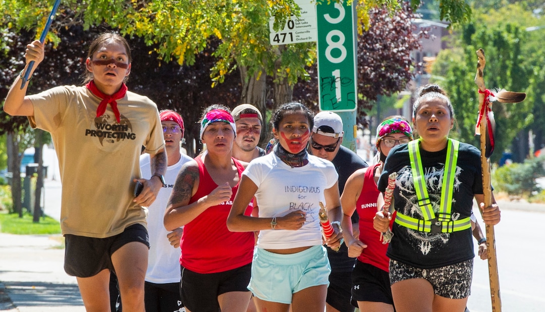(Rick Egan  |  The Salt Lake Tribune)   Native American runners run the final home stretch to Warm Springs Park together on Saturday, Sept. 5, 2020. Ten Native American runners ran from Bears Ears National Monument to Salt Lake City for the "Running As Medicine - Indigenous Youth Prayer Run" to demonstrate resilience in overcoming issues in native communities, including COVID-19, race relations, water, electricity and Missing and Murdered Indigenous Women and Girls (MMIWG).