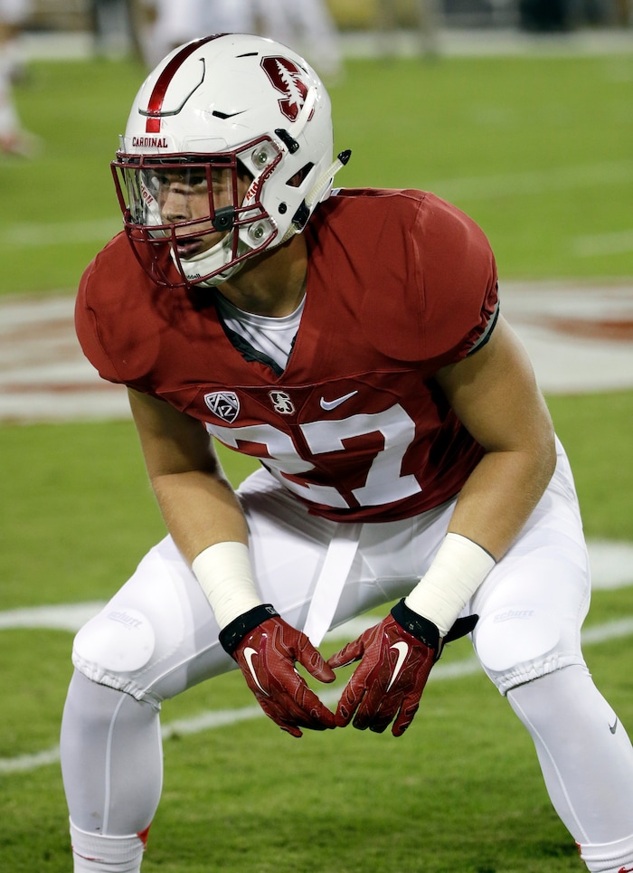 Stanford linebacker Sean Barton (27) warms up before an NCAA college football game against Washington Saturday, Oct. 24, 2015, in Stanford, Calif. (AP Photo/Marcio Jose Sanchez)