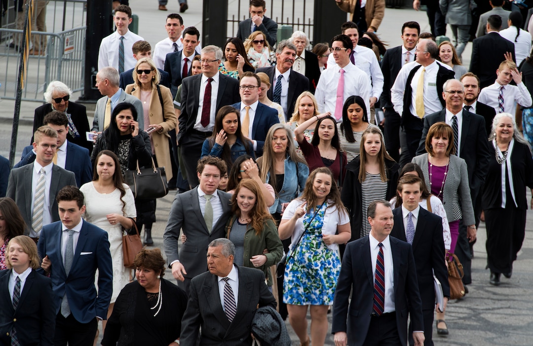 (Rick Egan  |  The Salt Lake Tribune)         LDS faithful make their way to the Conference Center, for the Saturday morning session of the188th Annual General Conference in Salt Lake City, Saturday, March 31, 2018.