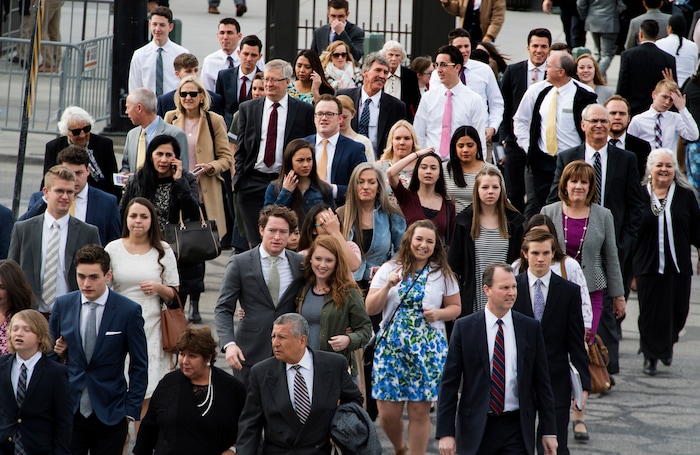 (Rick Egan  |  The Salt Lake Tribune)         LDS faithful make their way to the Conference Center, for the Saturday morning session of the188th Annual General Conference in Salt Lake City, Saturday, March 31, 2018.