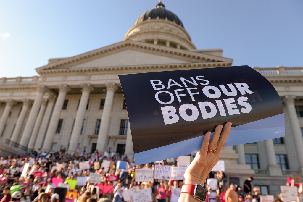 (Chris Samuels | The Salt Lake Tribune) People gather for a rally in defense of abortion rights after at the Capitol, Friday, June 24, 2022. The Supreme Court Friday overturned Roe v. Wade, rescinding the federal right to abortion.