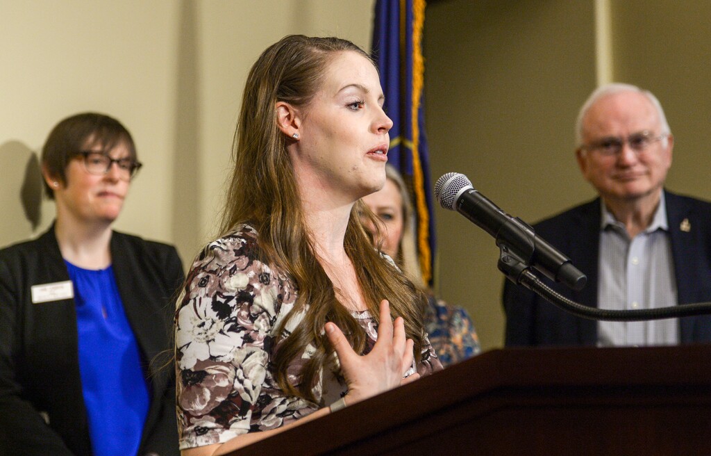 (Leah Hogsten | The Salt Lake Tribune) Kelsie Oliver tells how her pregnancy and postpartum depression, OCD and intrusive thoughts affected her well being. YWCA Utah, community groups and state lawmakers announced a new online resource aimed at helping Utah women, parents, and families find local resources for maternal mental health services, Feb. 25, 2020 at the Capitol.