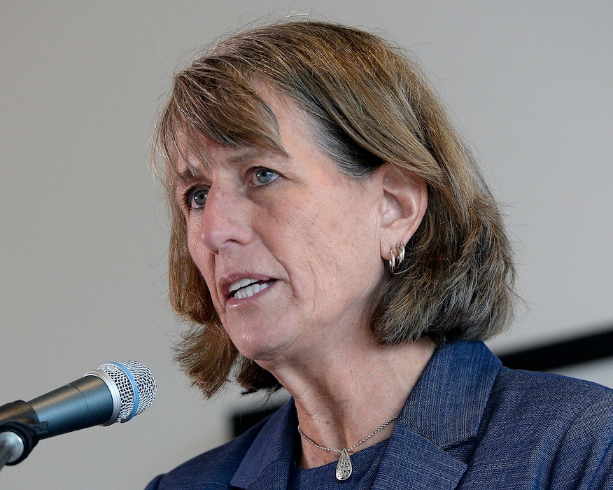 (Al Hartmann | The Salt Lake Tribune) Former USU President Noelle Cockett speaks at a press conference in Logan on Friday, April 6, 2018. Higher education board members brought up several concerns about her leadership, according to newly released, before Cockett announced on Nov. 22, 2022 that she would be resigning.