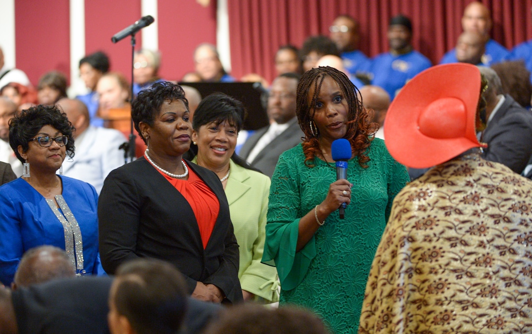 (Leah Hogsten  |  The Salt Lake Tribune) Willene Davis is honored and celebrated for her service from Calvary Baptist Church members during the 44th anniversary celebration service for her and her husband, Rev. France A. Davis, Sunday, April 22, 2018. 