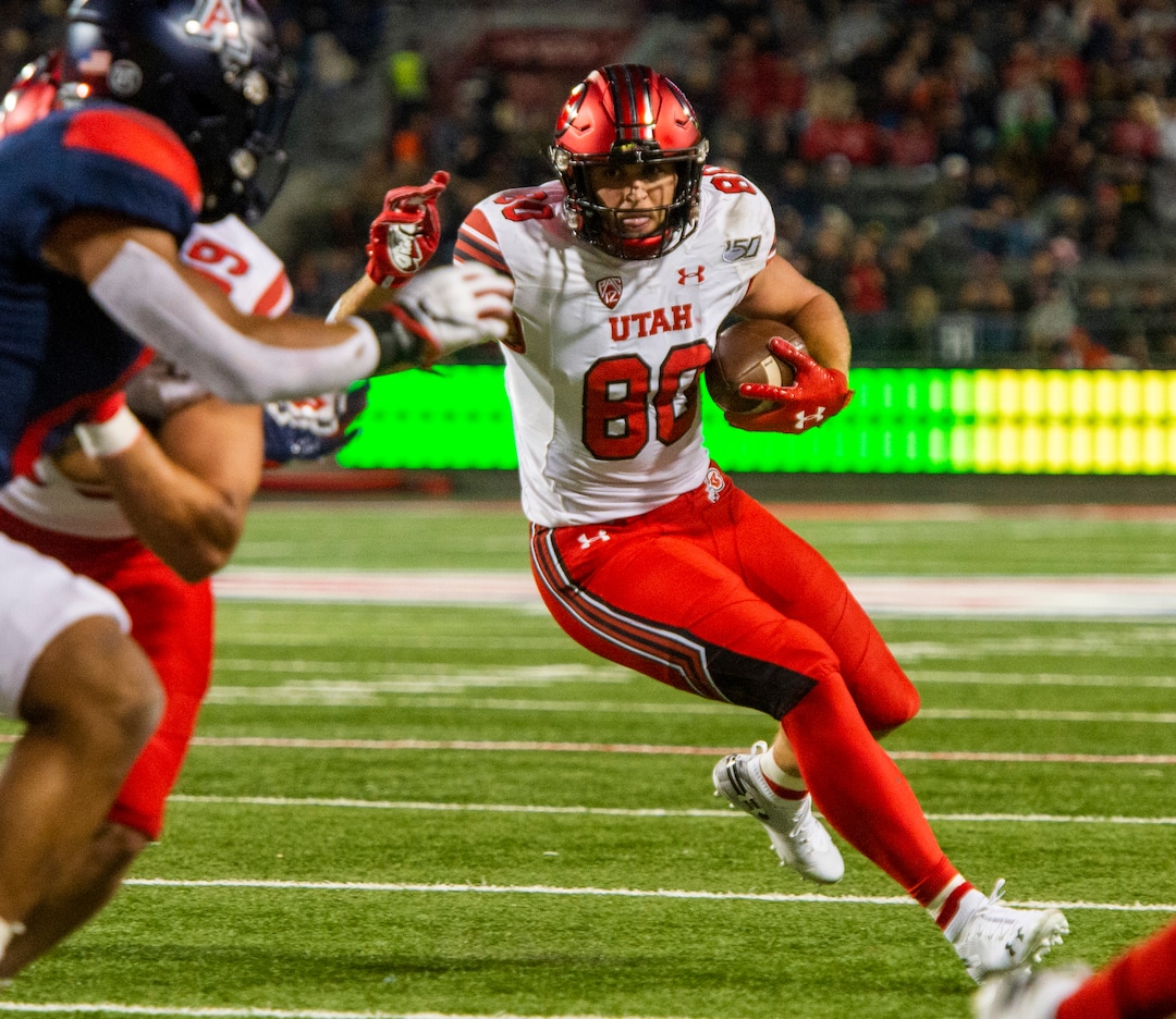 (Rick Egan  |  The Salt Lake Tribune)     Utah tight end Brant Kuithe (80) scores a touchdown for the Utes, in PAC-12 action between the Utah Utes and the Arizona Wildcats in Tucson, Saturday, Nov. 23, 2019.