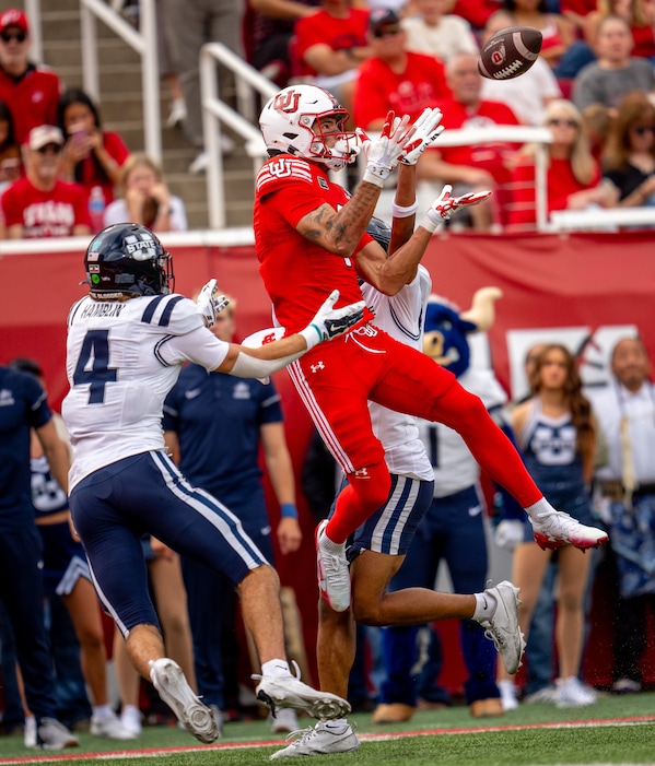 (Trent Nelson  |  The Salt Lake Tribune) Utah Utes wide receiver Braden Pegan (7) pulls in a touchdown pass as Utah hosts Utah State, NCAA football in Salt Lake City on Thursday, Sept. 17, 2026.