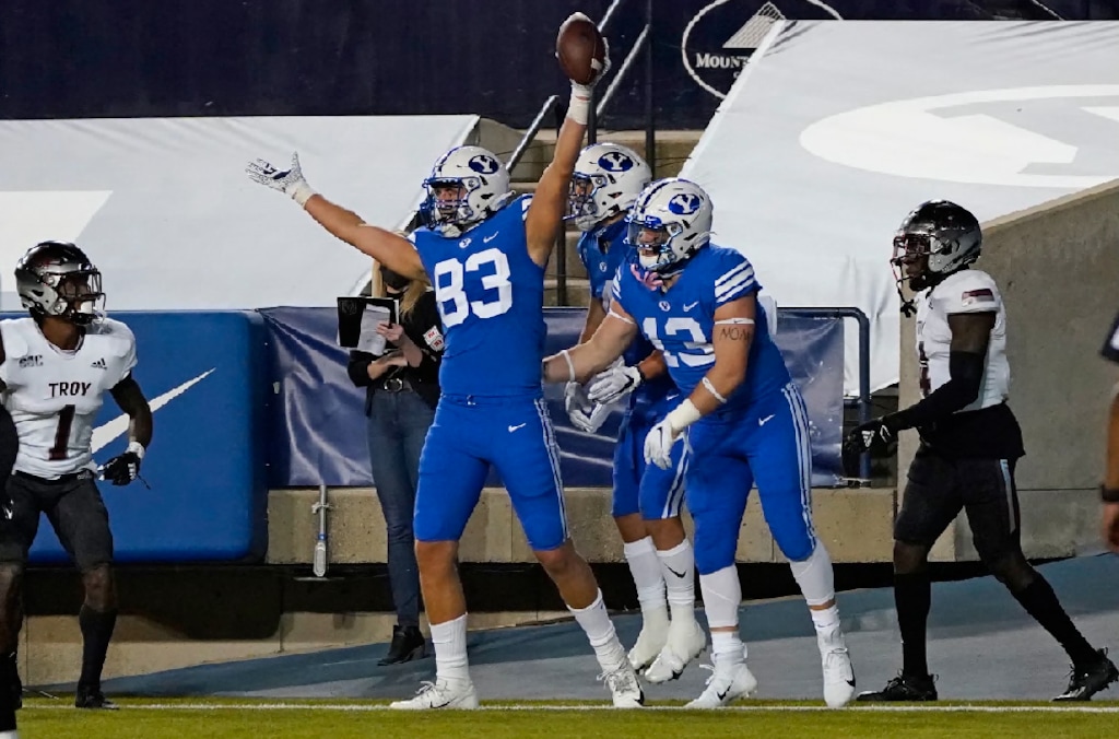 BYU tight end Isaac Rex (83) celebrates his touchdown against Troy during the first half of an NCAA college football game Saturday, Sept. 26, 2020, in Provo, Utah. (AP Photo/Rick Bowmer, Pool)