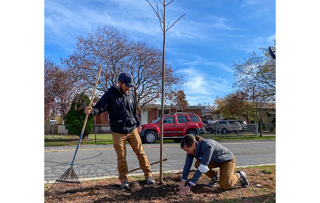 (Mayor Erin Mendenhall via Twitter) Salt Lake City Mayor Erin Mendenhall, right, helps plant the 1000th tree on Salt Lake City's west side on Nov. 15, 2021.