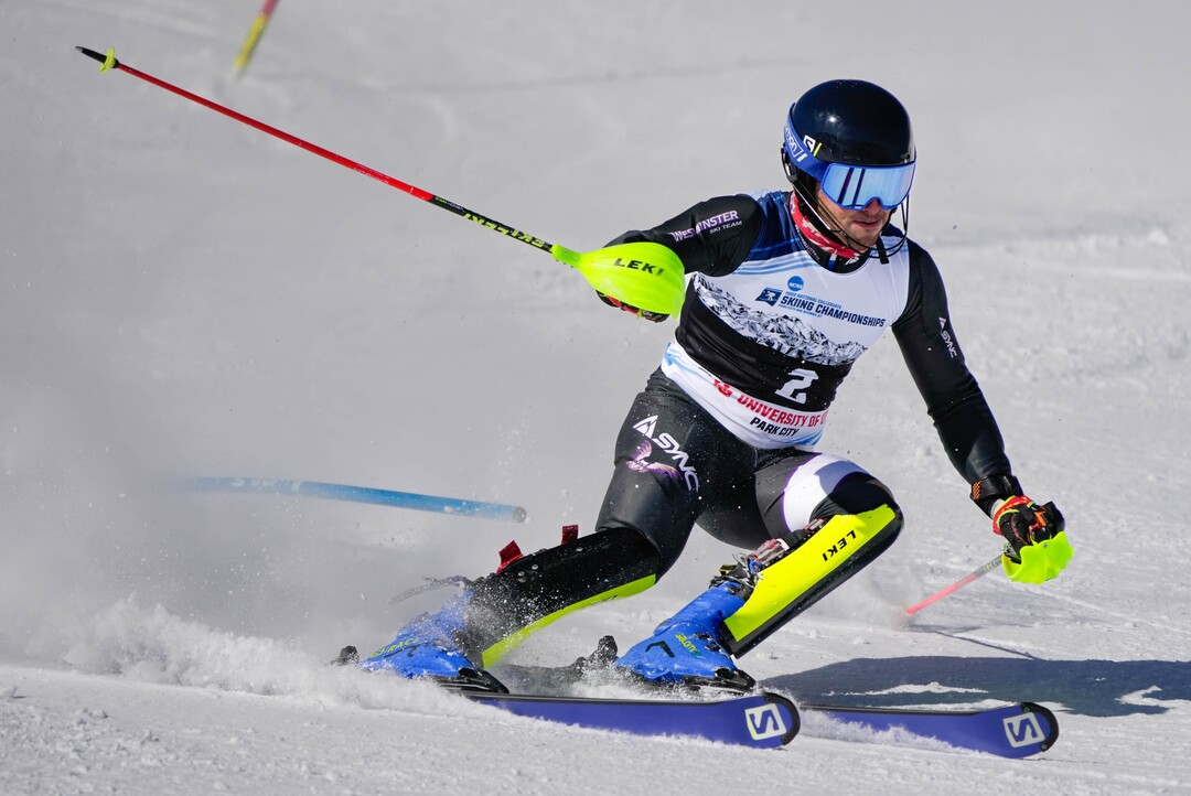 (Francisco Kjolseth | The Salt Lake Tribune) Francesco Gori of Westminster College competes in men’s slalom during the NCAA Skiing Championships held at Park City Mountain Resort on Friday, March 11, 2022, in Park City, Utah.