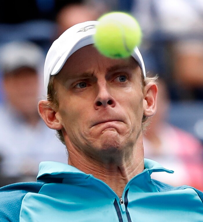 Kevin Anderson, of South Africa, returns a shot from Rafael Nadal, of Spain, during the men's singles final of the U.S. Open tennis tournament, Sunday, Sept. 10, 2017, in New York. (AP Photo/Adam Hunger)
