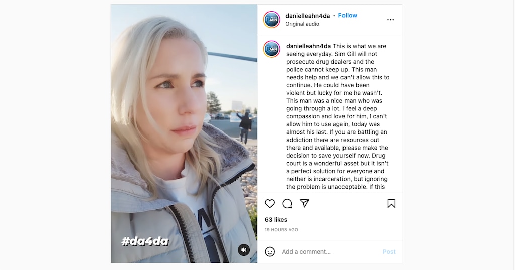 A screenshot of a now-deleted video from Salt Lake County District Attorney candidate Danielle Ahn's campaign Instagram account. The two-minute clip showed an apparently intoxicated man walking down the sidewalk and nearly into traffic. Ahn, who is running on a tough-on-crime platform, said she stopped recording to pull the man out of the street. In the now-deleted video, she said, "This stuff is happening, and we can't allow this to happen anymore, and it's because of lax law enforcement, lax laws."