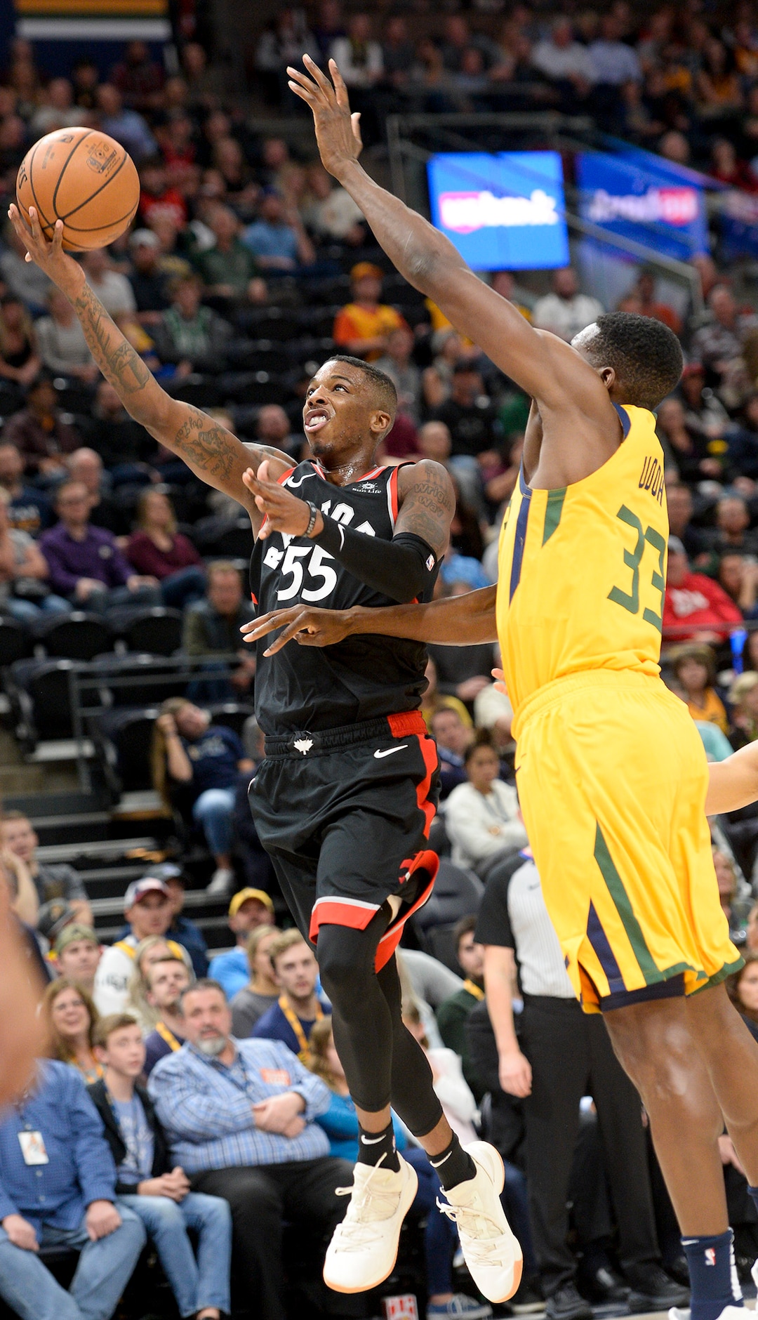 Leah Hogsten  |  The Salt Lake Tribune  Toronto Raptors guard Delon Wright (55) hits the net as the Utah Jazz lose to the Toronto Raptors, 111-124, Monday, Nov. 5, 2018 at  Vivint Smart Home Arena.