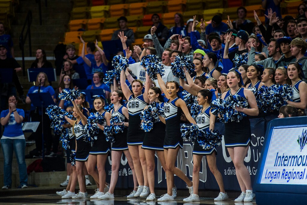 Chris Detrick  |  The Salt Lake TribuneCarbon High School cheerleaders and students cheer during the 3A playoff basketball game at Dee Glen Smith Spectrum in Logan Thursday February 23, 2017. Carbon defeated Desert Hills 59-44.